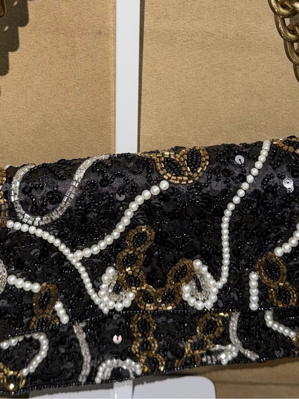 Beaded Black Evening Clutch with Pearl and Gold Accents